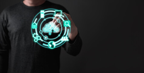 man touch cloud computing system diagram show on hand.Data storage.Digital technology network service business in wireless storage concept. Implement storage tech support and management in business.