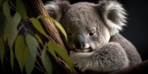 Cuddly Koala Nuzzling into Tree Branch with Sleepy Comfort (created with Generative AI)