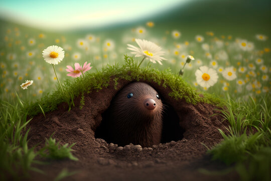 Illustration funny mole looks out of his molehill on a green meadow AI generated content