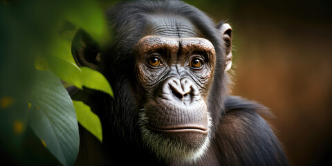 Intelligent Chimpanzee Gazing into Camera with Curiosity and Emotion (created with Generative AI)