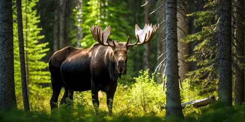 Majestic Moose Walking in the Forest with Enormous Antlers (created with Generative AI) - obrazy, fototapety, plakaty