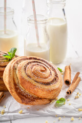 Sweet and delicious cinnamon rolls served with milk.