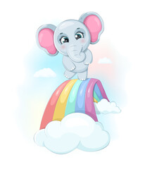 Cute cartoon elephant on a rainbow with clouds