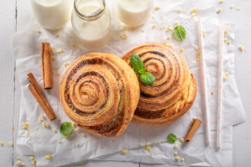 Traditionally and tasty cinnamon rolls as swedish dessert.