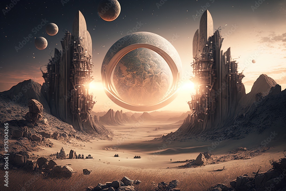 Poster Celestial Awe: Celestial Wonders at Every Turn in a Dystopian Landscape Generative AI