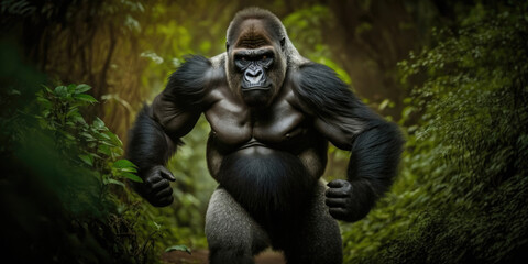 Fototapeta na wymiar Wild Gorilla Beating Chest with Intense Expression and Muscular Body (created with Generative AI)