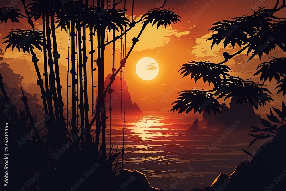 Wall mural Enchanting Sunset over an Ocean of Bamboo Forests Generative AI