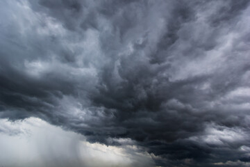 The dark sky with heavy clouds converging and a violent storm before the rain.Bad or moody weather sky and environment. carbon dioxide emissions, greenhouse effect, global warming, climate change