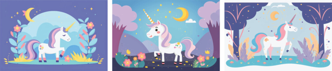 Magical Vector Illustration of a Cute Unicorn Amidst a Stunning Nature Background, Featuring Lush Greenery, Trees, and Glittering Stars Perfect for Fantasy-Themed Designs, Children's Books, and Dream