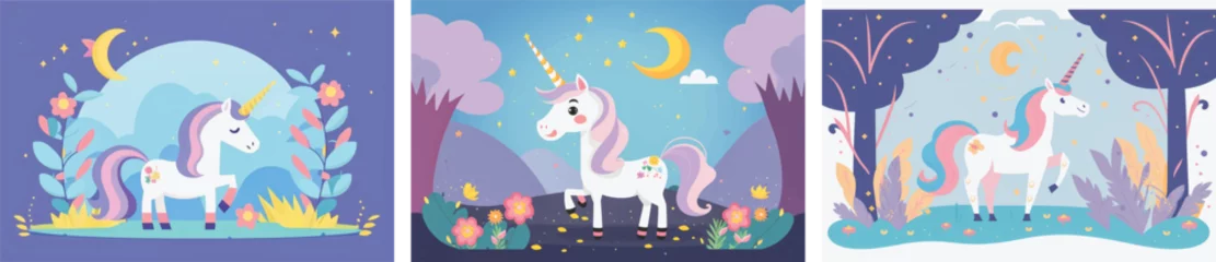 Tuinposter Magical Vector Illustration of a Cute Unicorn Amidst a Stunning Nature Background, Featuring Lush Greenery, Trees, and Glittering Stars Perfect for Fantasy-Themed Designs, Children's Books, and Dream © aprilian