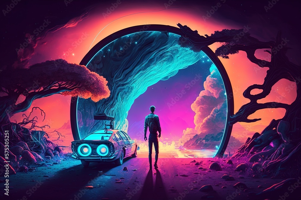 Poster radiating through time and space: unveiling magnificent scenes in a vivid neon wonderland generative