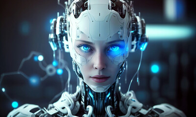 AI in image of robot woman or female cyborg in cyberspace. Artificial intelligence. AI head with neural network brain. Sci-Fi cybernetic robot. Generative Ai