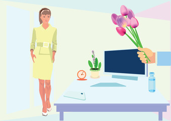 Holiday in the office. Congratulations on International Women's Day March 8. Any other congratulations. On the left side of the frame there is free space for text. Vector drawing.