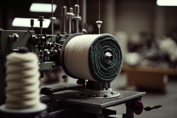 Fototapeta na wymiar Industrial cotton fabric rolls on a sewing machine in a textile factory. Generative AI