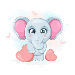 Cartoon gentle elephant with hearts