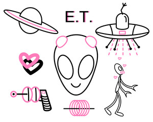 illustration of aliens E.T. , tattoo flash, spaceship, planet, outline stickers pack, black and pink,