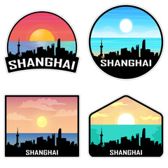 Shanghai China Skyline Silhouette Retro Vintage Sunset Shanghai Lover Travel Souvenir Sticker Vector Illustration SVG EPS AI