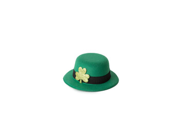 green irish leprechaun hat with gold clover isolated, saint patrick day background