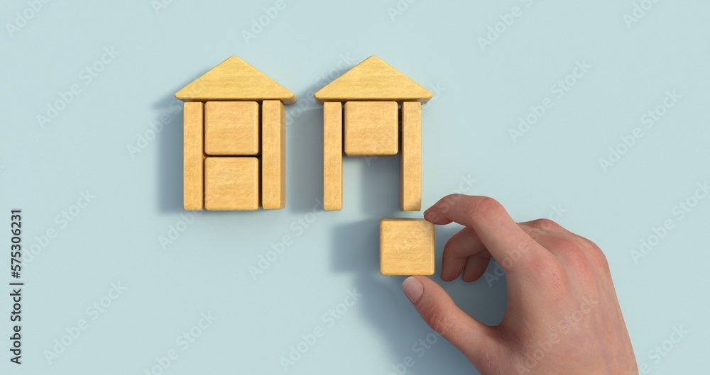 Poster business process management and automation concept with person moving wooden pieces on flowchart dia