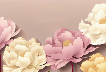 Pink peonies on a white background with green leaves. Generative ai