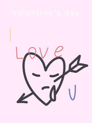 illustration happy valentines day card, doodle drawn bleeding heart, pink background