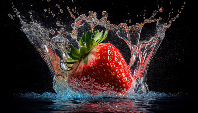 ripe strawberries fall into clear water .Water splash with splashes on a black background. AI generated