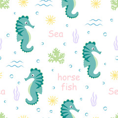 cartoon flat seamless pattern with cute seahorse