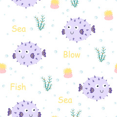 cartoon seamless pattern with cute puffer fish © StockVector