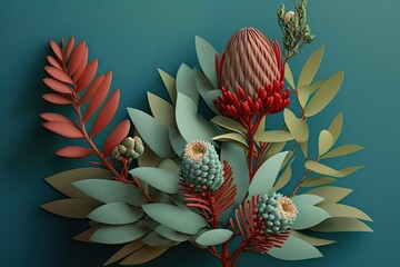 There were red Banksias, green Leucadendron bushes, and green Cymbidium orchids. Elegant tropical flower arrangement with red background. Floral wallpapers and greeting cards made from real flowers - obrazy, fototapety, plakaty