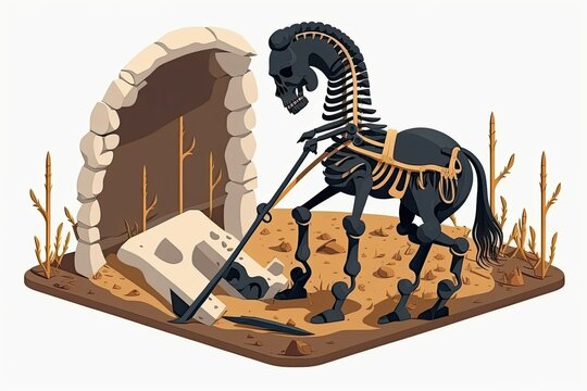 Graves of the Scythians are being dug up. Ancient skeleton of a horse discovered. One has skeletal remains from the last millennium. Generative AI