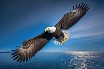 Obraz premium A bald eagle soars across a blue sky. Generative AI