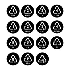 Set of Plastic symbol, ecology recycling sign isolated on white background. Package waste icon