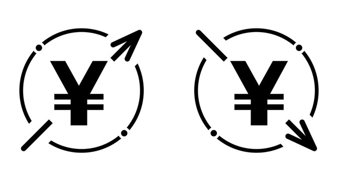 Set of cost symbol yuan increase and decrease icon. Money vector symbol isolated on background