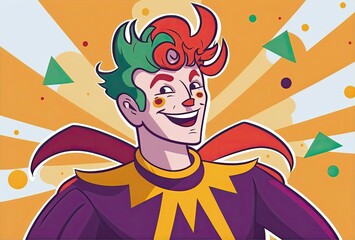 A joyful young man dressed as a jester attends a Mardi Gras party. Generative AI