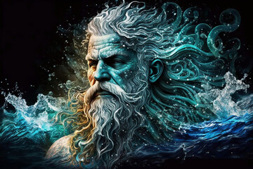 An image depicting the zodiac sign of Aquarius, a mythical man-like god associated with water in the ocean or sea, Generative Ai