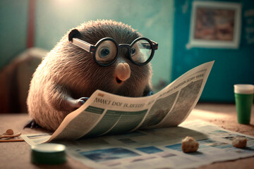 Illustration of funny blind mole with glasses reading a newspaper AI generated content - obrazy, fototapety, plakaty