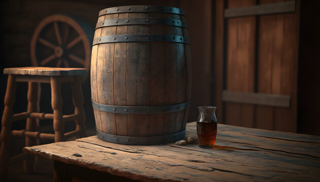 Background of barrel and worn old table of wood Consulter. 