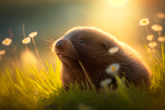 Illustration of cute mole on a green meadow in spring generated content