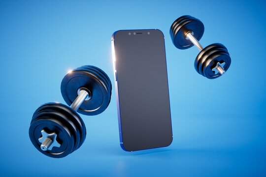 Fitness background with dumbbells and smartphone. 3d render