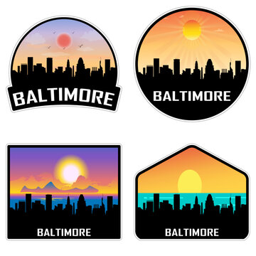 Baltimore Maryland USA Skyline Silhouette Retro Vintage Sunset Baltimore Lover Travel Souvenir Sticker Vector Illustration SVG EPS AI