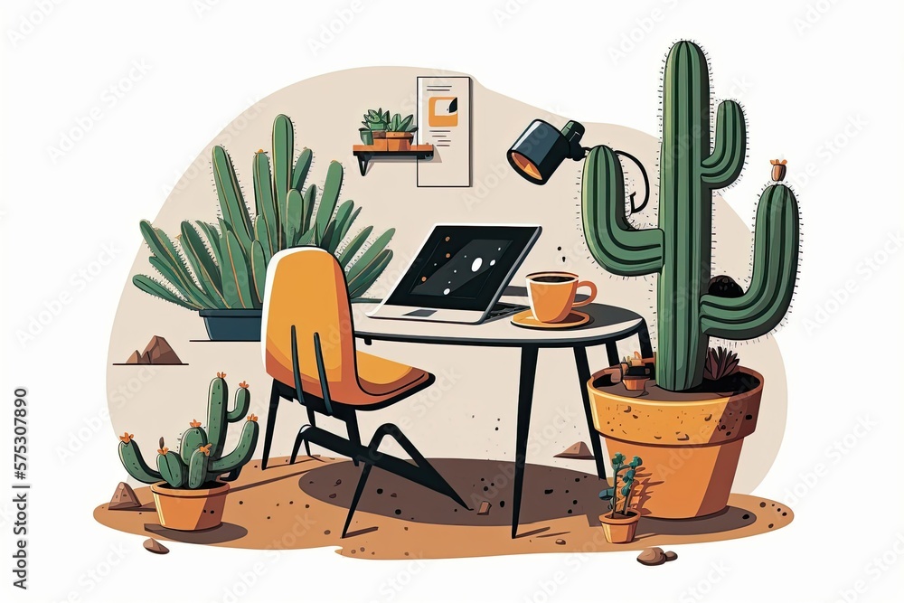 Poster cartoon depiction of an unoccupied desk at an office. Isolated on a white background are an open laptop, a modern desk, a comfy chair, a coffee cup, and a cactus. Data visualization, analysis, and a w