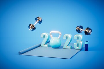 fitness classes in 2023. fitness mat, dumbbells, shaker and 2023 writing on a blue background. 3D render