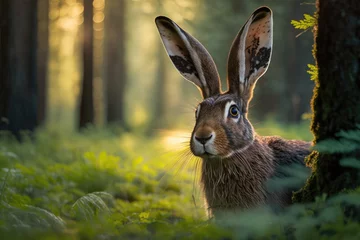 Foto op Aluminium A wild hare sits in a forest. Photorealistic illustration generated by AI. © July P