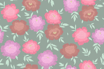 Seamless pattern with lilac and pink flowers on a green background. Vector graphics.