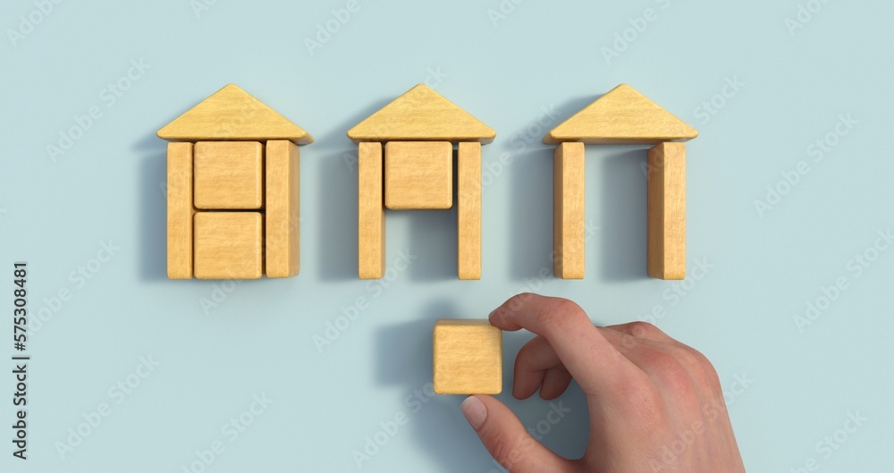 Poster business process management and automation concept with person moving wooden pieces on flowchart dia