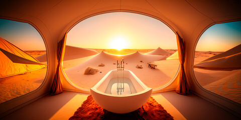 View from inside luxurious bathtub inside a palatial futuristic bedoin tent