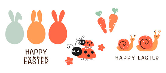 Easter eggs, lady bug, snail cartoons, carrot and hand written fonts isolated on white background vector illustration.
