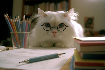 Katze and National Grammar day | White cat with glasses and pen, looking at a book in front of it. Ai
