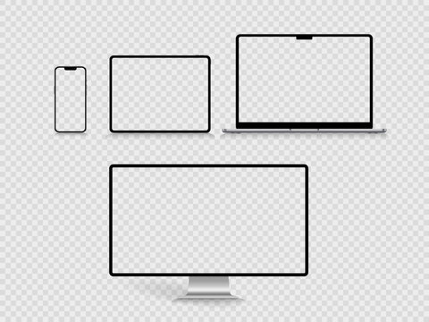 A set of isolated smart devices with blank screen: smartphone, tablet, laptop and desktop. Stock royalty free vector illustration. PNG in zip