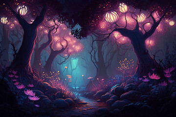 Fototapeta na wymiar A forest filled with glowing flowers and lights, creating a magical and surreal atmosphere at night, Generative Ai
